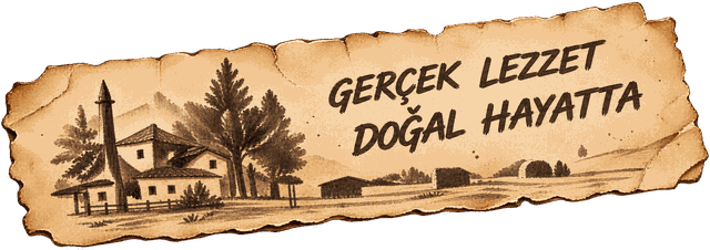 GERÇEK LEZZET DOĞAL HAYATTA yazılı eski kağıt etiket, üzerinde köy çizimi