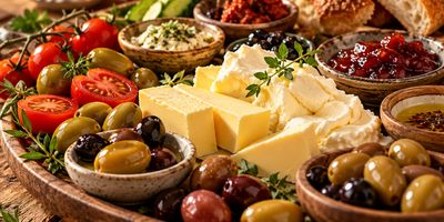 Tereyağı, peynir, zeytin ve reçelli kahvaltı tabağı