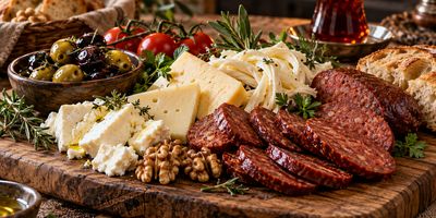 Peynir, zeytin, ceviz ve sucuk dilimlerinden oluşan tahta