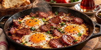 Sucuklu yumurta tavası, yanında ekmek ve çay