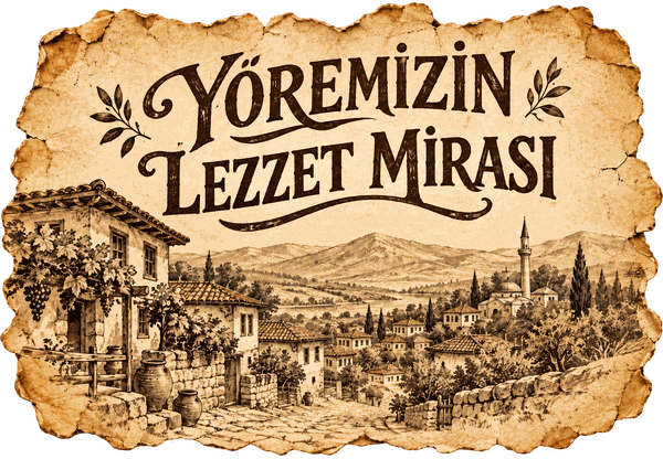 Yöremizin Lezzet Mirası yazılı parşömen, üzerinde köy çizimi
