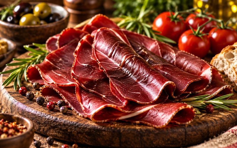 Ahşap tahtada ince dilimlenmiş pastırma, yanında zeytin ve domates