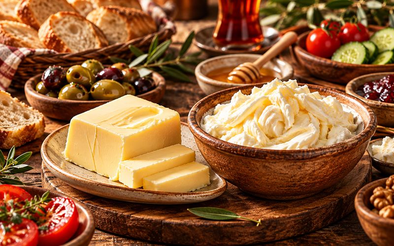 Kahvaltı sofrasında tereyağı ve kâsede kaymak, yanında bal, ekmek ve zeytin