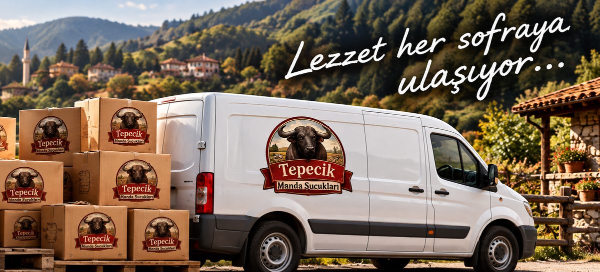 Tepecik Manda Sucukları kolileri ve dağıtım aracı, üzerinde Lezzet her sofraya ulaşıyor yazısı